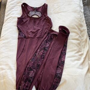 Bloch Plum Zip-Front Active Jumpsuit with Floral Mesh Panel